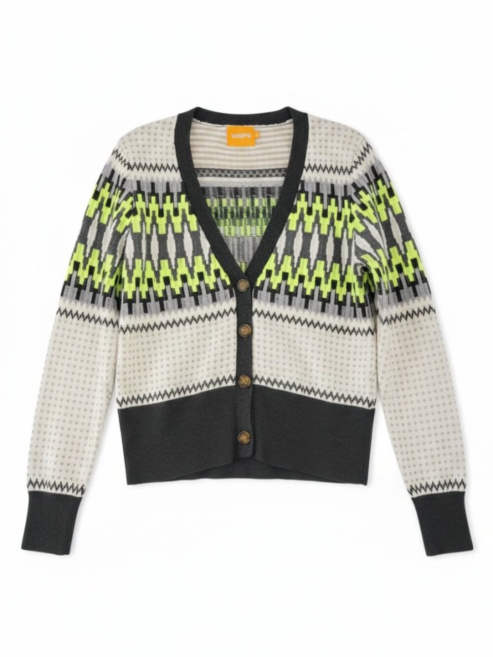 WISPR by Brodie Neon Fair Isle V-Neck Cardigan Geometric Knit Gray Cream Medium